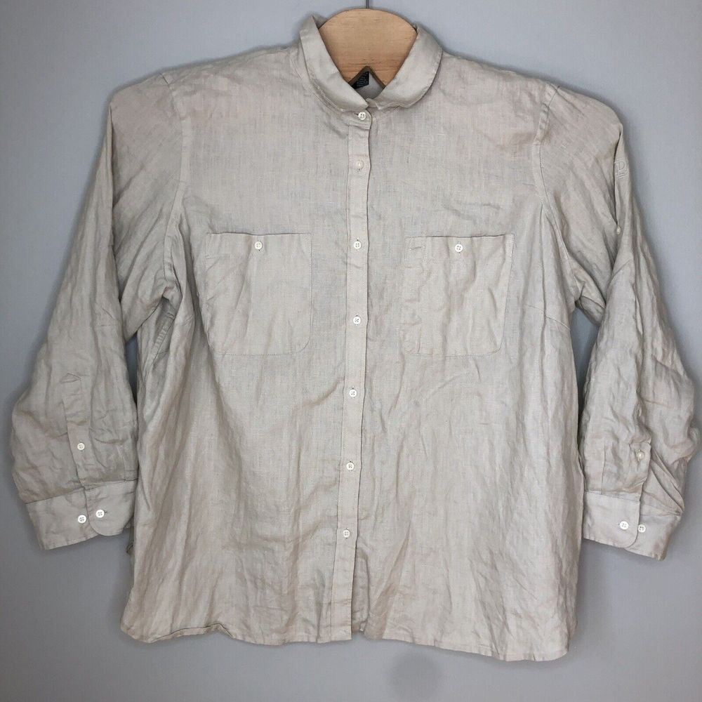 Lauren Ralph Lauren Women's 3X Beige 100% Linen Button Up Long Sleeve Blouse